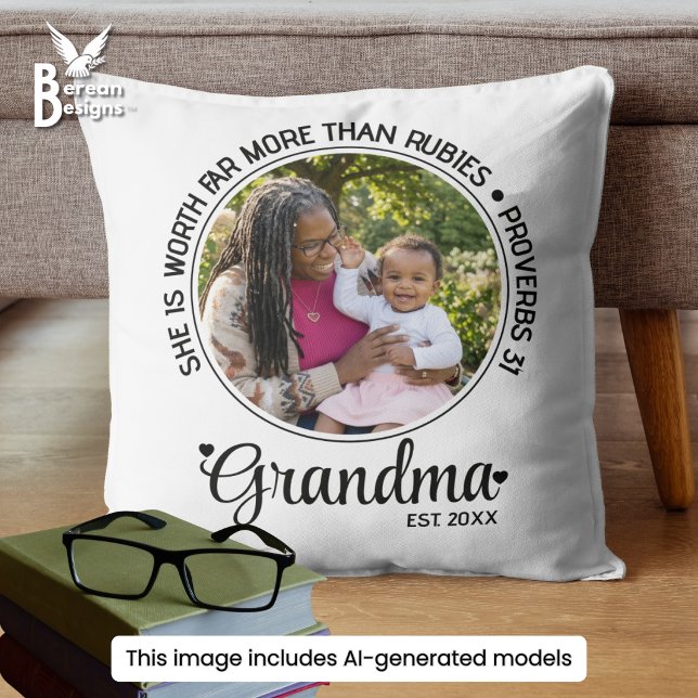 Customizable Photo GRANDMA ESTABLISHED Throw Pillow (GRANDMA ESTABLISHED custom photo throw pillow in WHITE with customizable Christian text.)