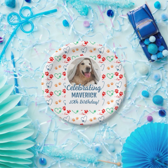 Customizable Photo Paw Print Dog Birthday Party Paper Plate (Party)