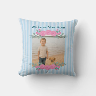 Customizable Photo Throw Pillow Roses Blue Stripes