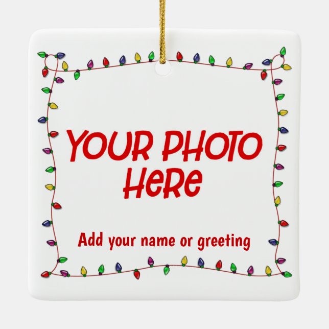 Customizable Photo with Christmas Lights Ceramic Ornament (Back)
