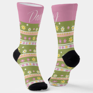 Customizable Pink and Green Flower Pattern Socks