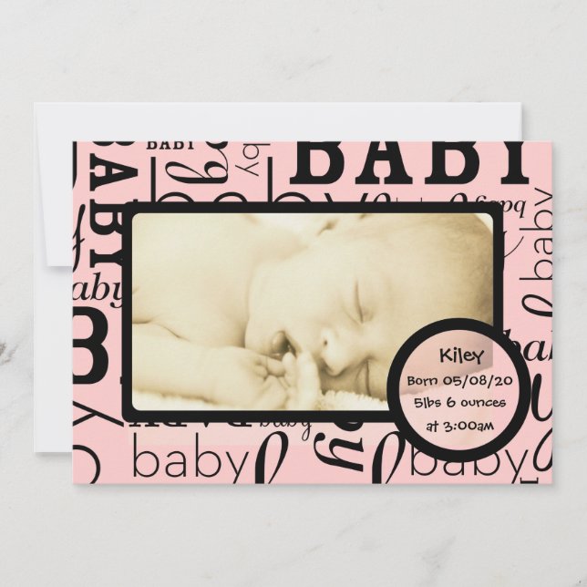 Customizable pink baby photo announcements (Front)