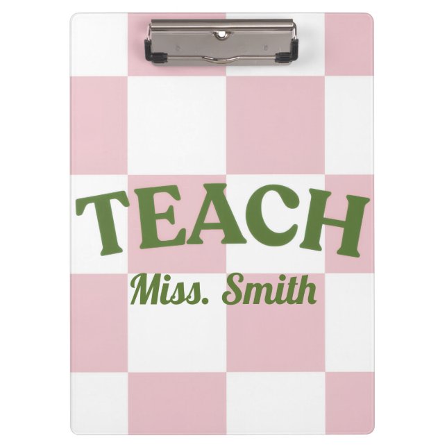 Customizable Pink Chequered Teacher Clipboard  (Front)