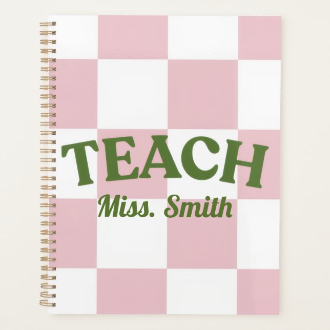 Customizable Pink Chequered Teacher Planner (Front)