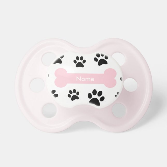 Customizable Pink Dog Bone with Paw Prints Pacifier (Front)