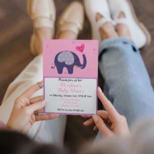 Customizable Pink Elephant Baby Girl Shower Invitation