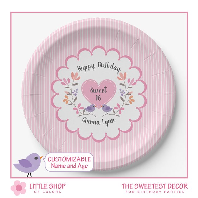 Customizable Pink Floral Sweet 16 Birthday Party Paper Plate (Creator Uploaded)