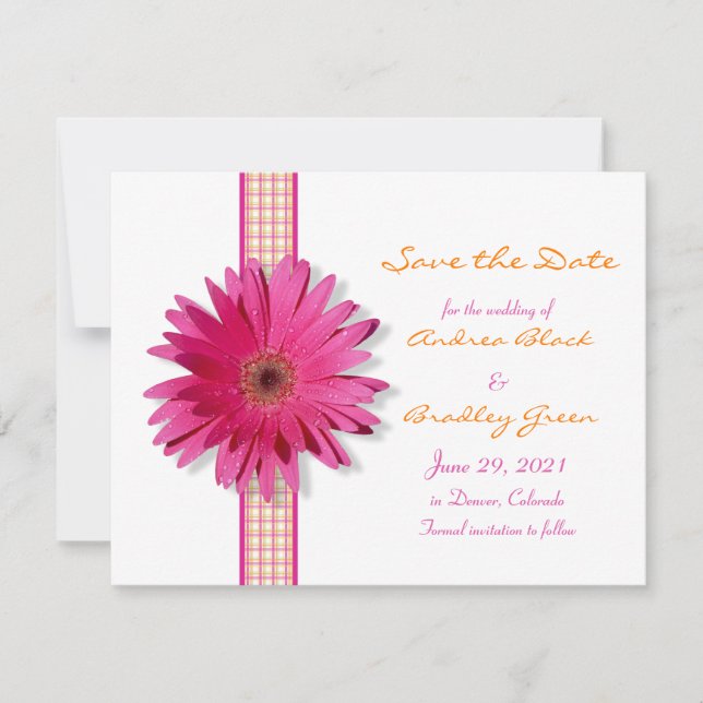 Customizable Pink Gerbera Daisy Save the Date Card (Front)