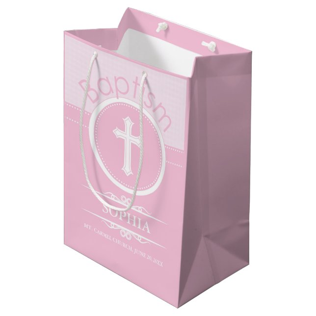 Customizable, Pink Girl Child of God Baptism Medium Gift Bag (Front Angled)