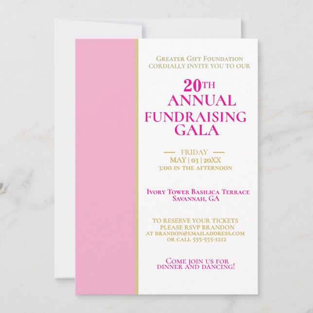 Customizable Pink & Gold Charity Fundraising Gala Invitation (Front)