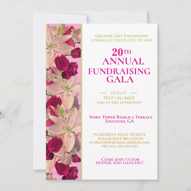 Customizable Pink, Gold, & Floral Fundraising Gala Invitation (Front)