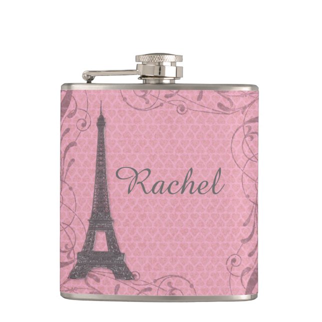 Customizable pink grey Eiffel Tower flask (Front)