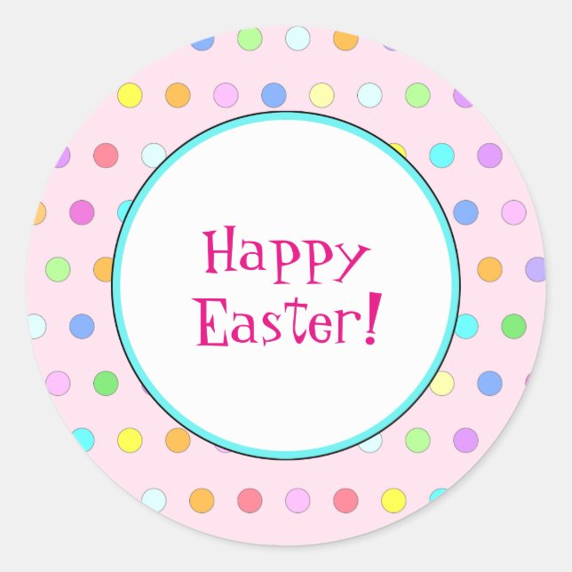 Customizable Pink Happy Easter Pastel   Polka Dots Classic Round Sticker (Front)