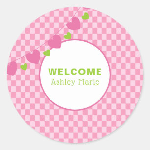 Customizable Pink Heart Chequerboard Welcome Baby Classic Round Sticker