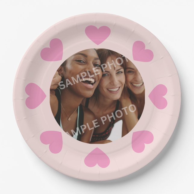Customizable Pink Heart Photo Paper Plates (Front)