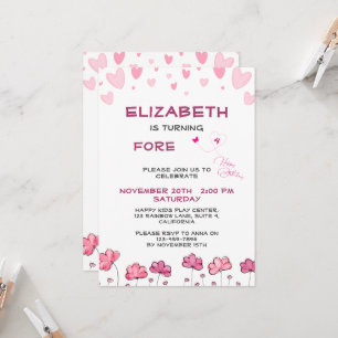Customizable Pink Hearts and Flowers Birthday Invitation