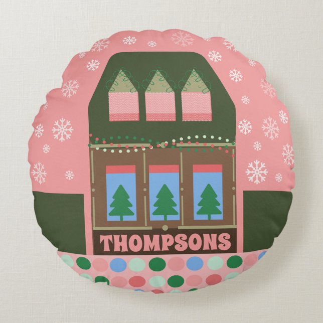 Customizable Pink Holiday Village Round Pillow (Front)