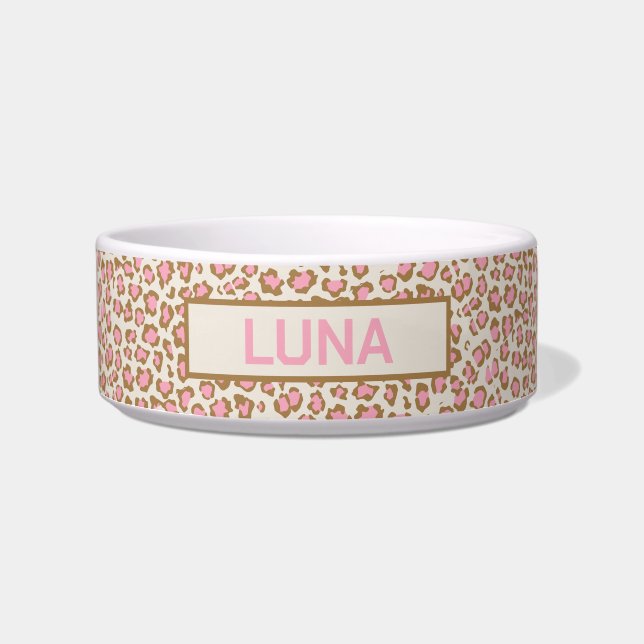Customizable Pink Leopard Print Pet Bowl (Front)