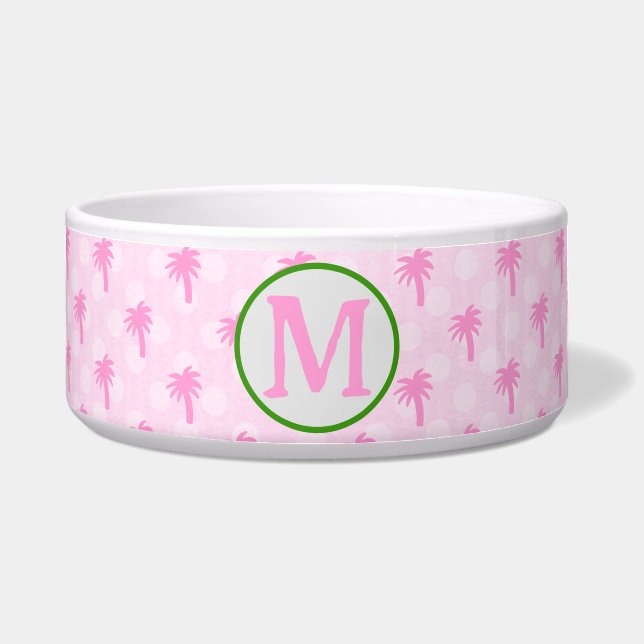 Customizable Pink Palm Tree Ceramic Pet Bowl (Front)