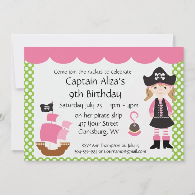 Customizable Pink Pirate Girl Birthday Party Invitation (Front)