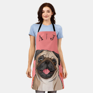 Customizable Pink Pug Dog Monogram Apron