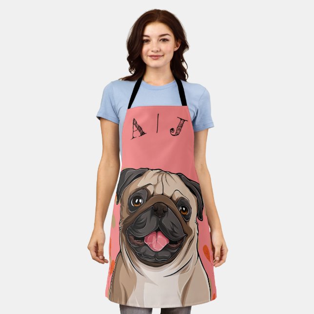 Customizable Pink Pug Dog Monogram  Apron (Worn)