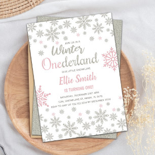 Customizable Pink Silver Snowflake Winter Birthday Invitation