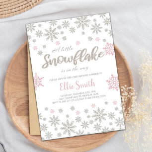 Customizable Pink Silver Winter Baby Shower Invitation