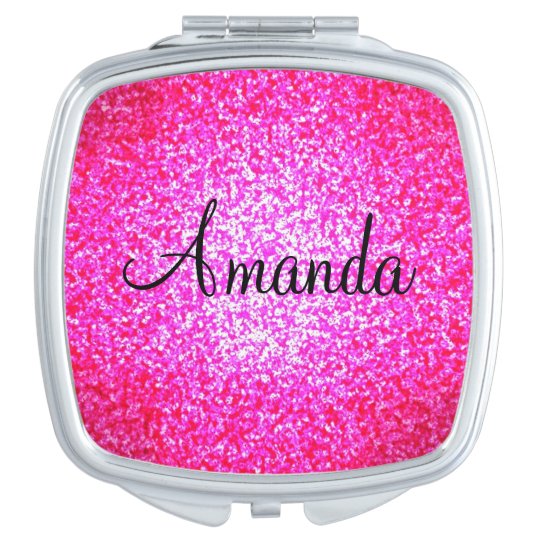 Customizable pink sparkly glitter compact mirror