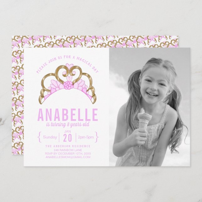 Customizable Pink Tiara Photo Birthday Invitation (Front/Back)