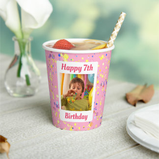 Customizable Pink Watercolor Birthday Photo Frame Paper Cups