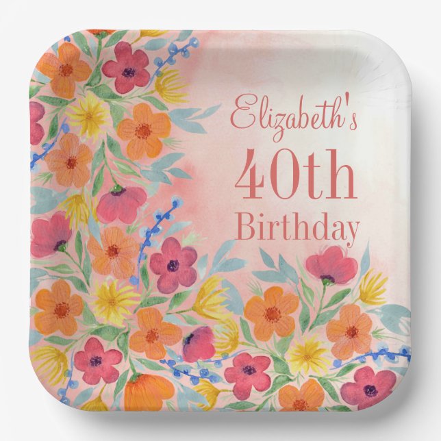Customizable Pink Watercolor Florals Birthday Paper Plate (Front)
