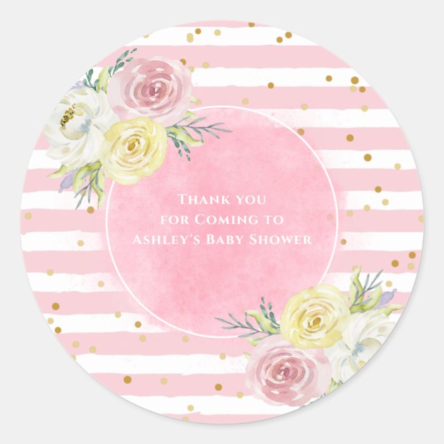 Customizable Pink Watercolor Flowers  Thank You  Classic Round Sticker (Front)