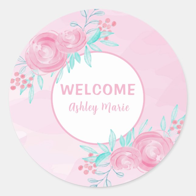 Customizable Pink Watercolor Flowers Welcome Baby  Classic Round Sticker (Front)