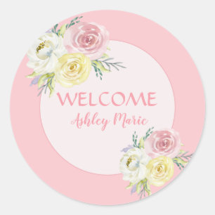 Customizable Pink Watercolor Flowers Welcome Baby Classic Round Sticker