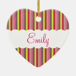 Customizable Pink White Green Stripes Pattern Ceramic Ornament