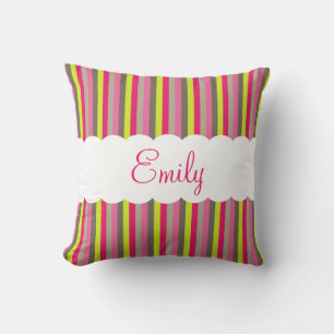 Customizable  Pink White Green Stripes Pattern Throw Pillow