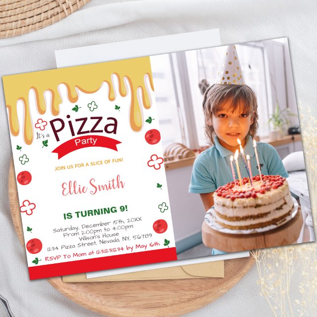 Customizable Pizza Party Invitations for Kids (Extra Cheese Pizza Birthday Invitations with photo)