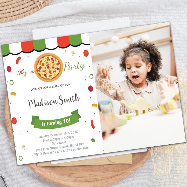 Customizable Pizza Party Invitations for Kids (Red Green Pizza Birthday Invitations with photo)