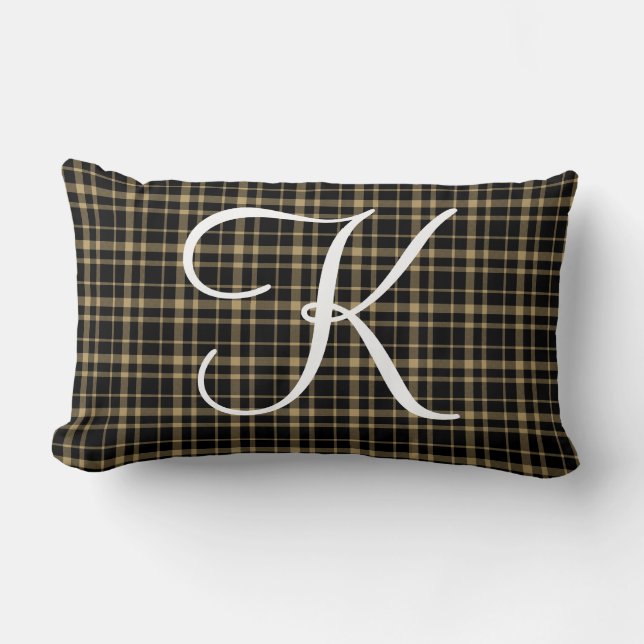 Customizable Plaid Initial Monogram Lumbar Pillow (Front)