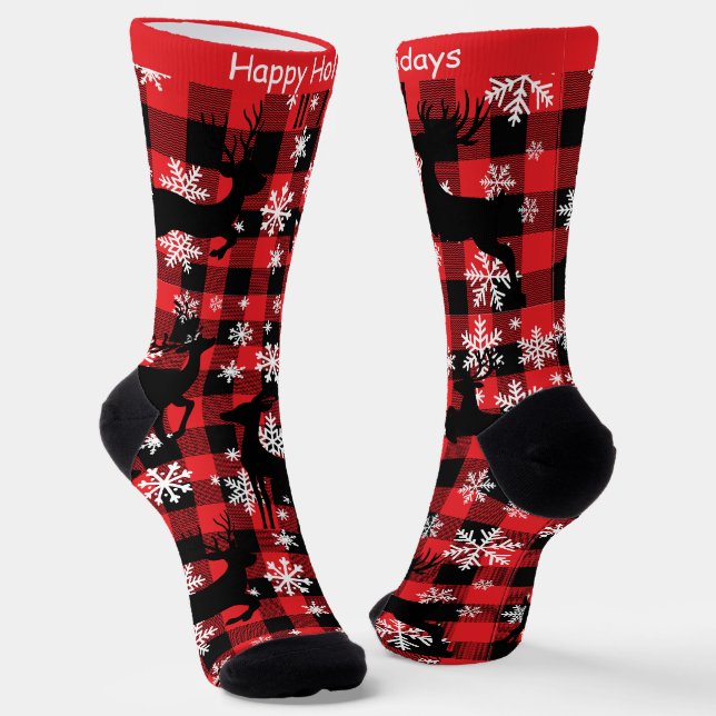 Customizable Plaid Reindeer "Happy Holidays" Socks (Angled)