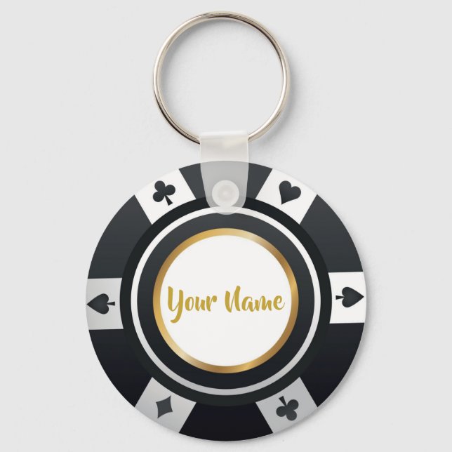 Customizable poker chip black white gold keychain (Front)