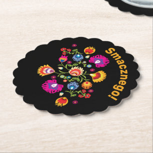 Customizable Polish folklore with pink flowers Paper Coaster