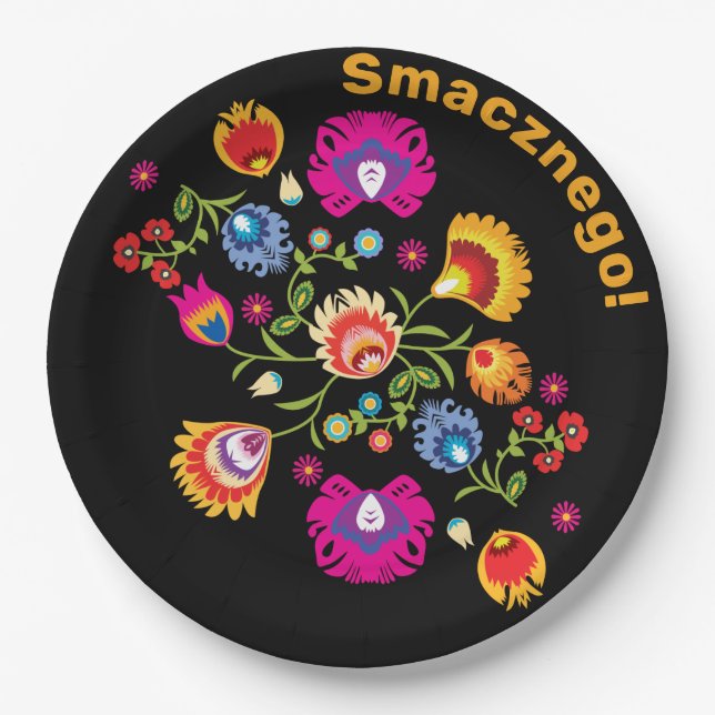 Customizable Polish folklore with pink flowers  Paper Plate (Front)