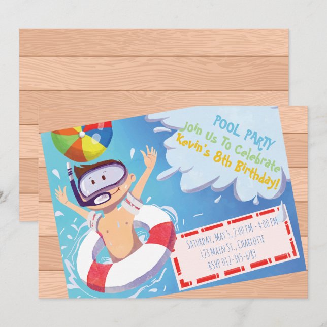 Customizable Pool Party Birthday Invitation. Invitation (Front/Back)