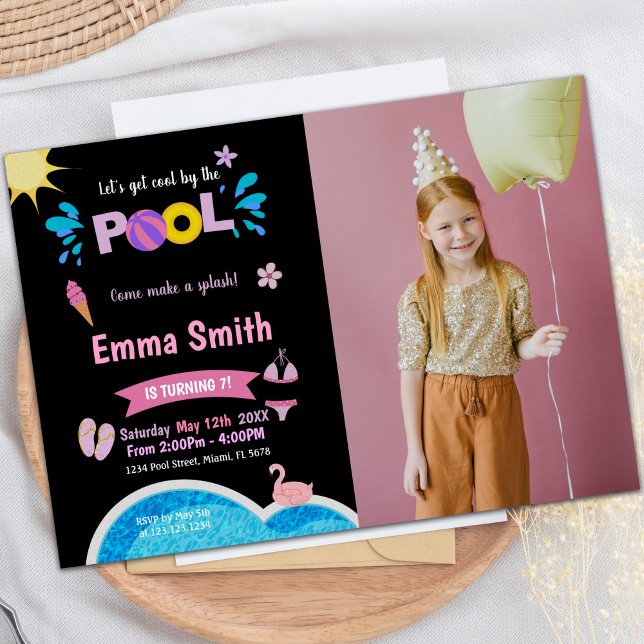 Customizable Pool Party Invitations for Kids (Black Background Pool Birthday Invitations w photo)