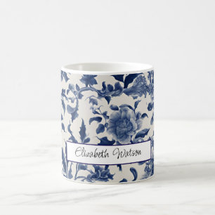 Customizable Porcelain Elegance: Blue Floral Coffee Mug