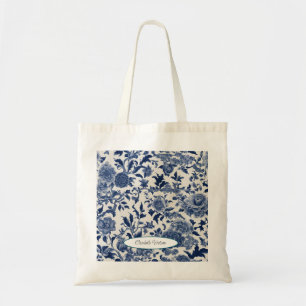 Customizable Porcelain Elegance: Blue Floral Tote Bag