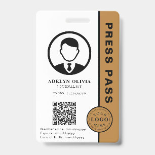 Customizable Press Pass with Photo ID & QR Code Badge