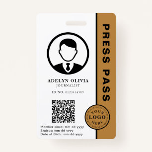 Customizable Press Pass with Photo ID & QR Code Badge